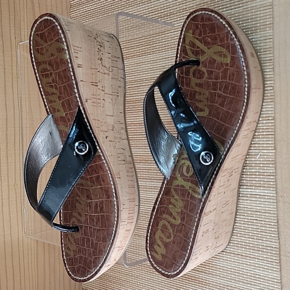 Sam Edelman Romy Cork Wedge Thong Sandals Black sz10